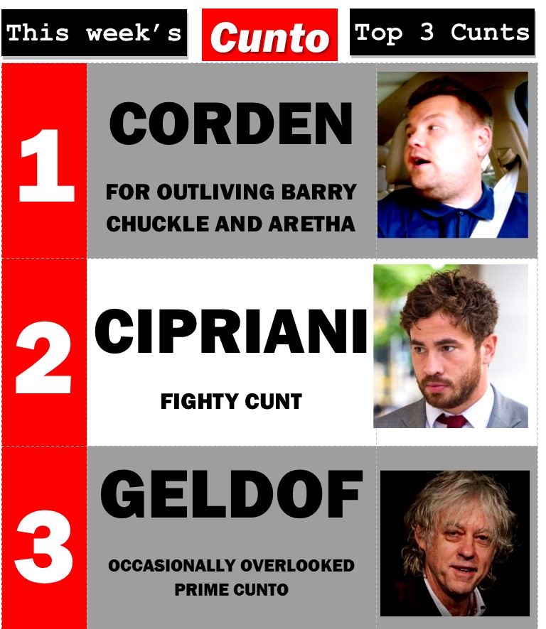 Cunts of the week Corden Cipriani Geldof