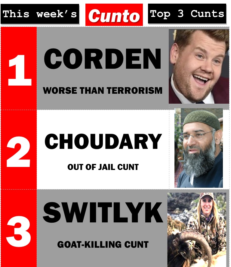 Top 3 cunts of the week: Corden, Choudary, Switlyk