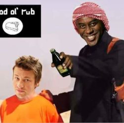 Ainsley Harriot about to decapitate Jamie Oliver