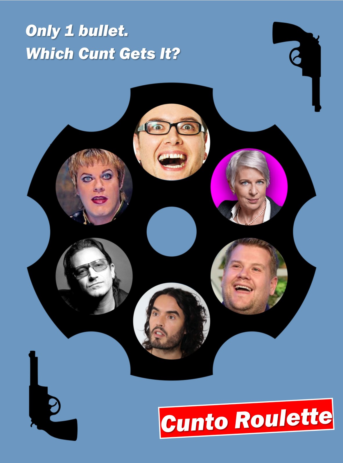 Alan Carr, Eddie Izzard, Katie Hopkins, Bono, James Corden, Russell Brand, all playing Russian Roulette